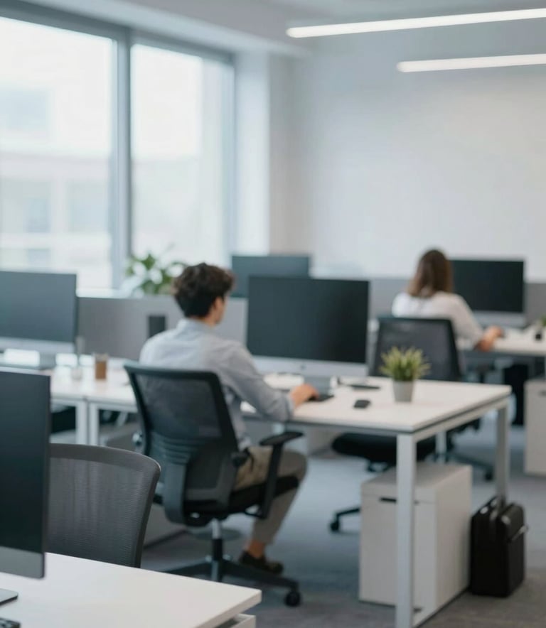 A clean, modern office interior with soft natural light. A professional workspace in Poland featuring sleek technology and a collaborative atmosphere. The scene uses a palette of #F2F5F8 and #C0D6DB, portraying an innovative ed-tech environment.