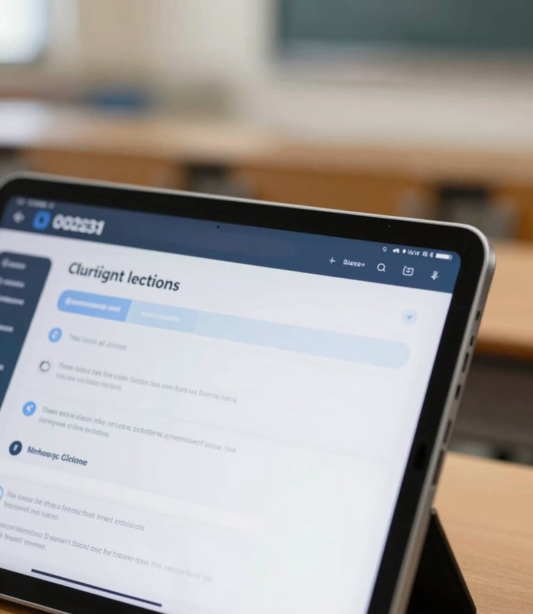 Close-up of a high-tech tablet displaying an interactive educational dashboard, blurred background of a modern classroom, lighting is soft and focused, using #0D2E3A and #F2F5F8 palette.