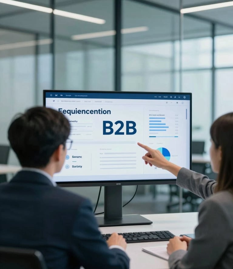 A professional B2B meeting in a modern glass office, two people reviewing a digital strategy on a screen, lighting is professional and bright, incorporating deep teal and light blue tones.