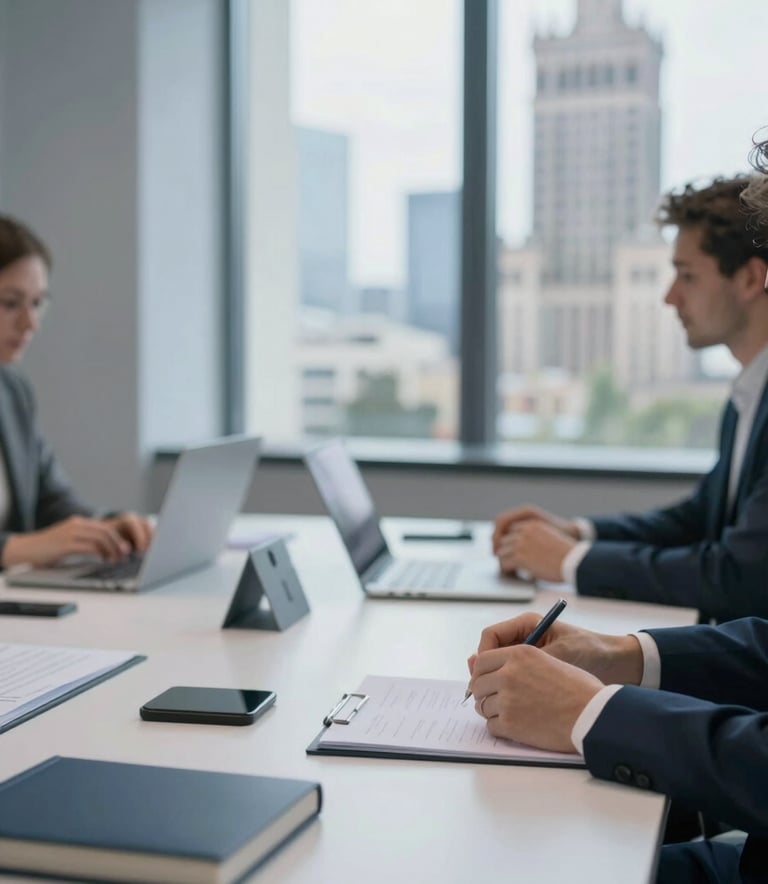 A close-up shot of a social campaign strategy session. Minimalist desk with high-tech equipment and a window overlooking Warsaw's modern architecture. Bright, professional lighting reflecting the #3C6E71 and #F2F5F8 color scheme.