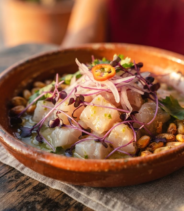 Macro close-up of a perfectly plated modern ceviche, delicate purple corn shoots, cold-pressed lime glaze, warm golden hour side lighting, shallow depth of field, 35mm
