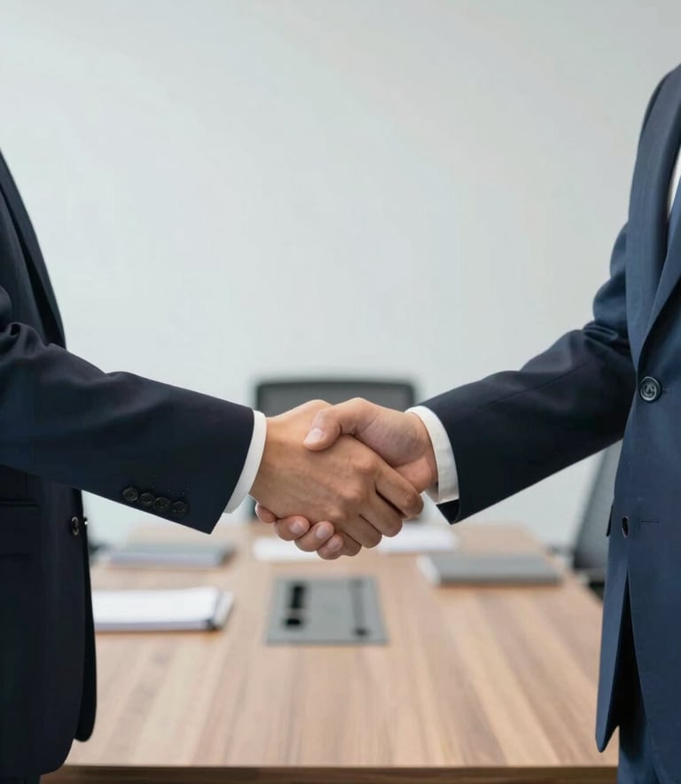 A bright and airy corporate meeting room where two professionals are shaking hands, symbolizing trust and reliability in business, incorporating the clean aesthetic and blue tones of the brand palette.