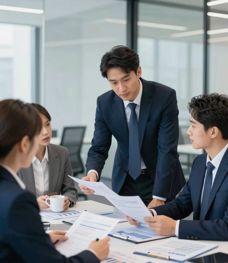 A group of professional accountants in formal attire discussing financial reports in a modern, brightly lit office with glass walls, featuring a professional and reliable atmosphere with brand colors #2C528B and #F0F4F8.