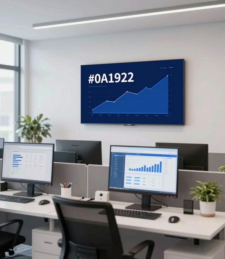 A wide shot of a modern, minimalist accounting office interior. The scene features clean desks, digital monitors showing financial graphs, and professional decor. The color scheme is dominated by #0A192F and #89B3D7, projecting an image of unwavering professionalism.