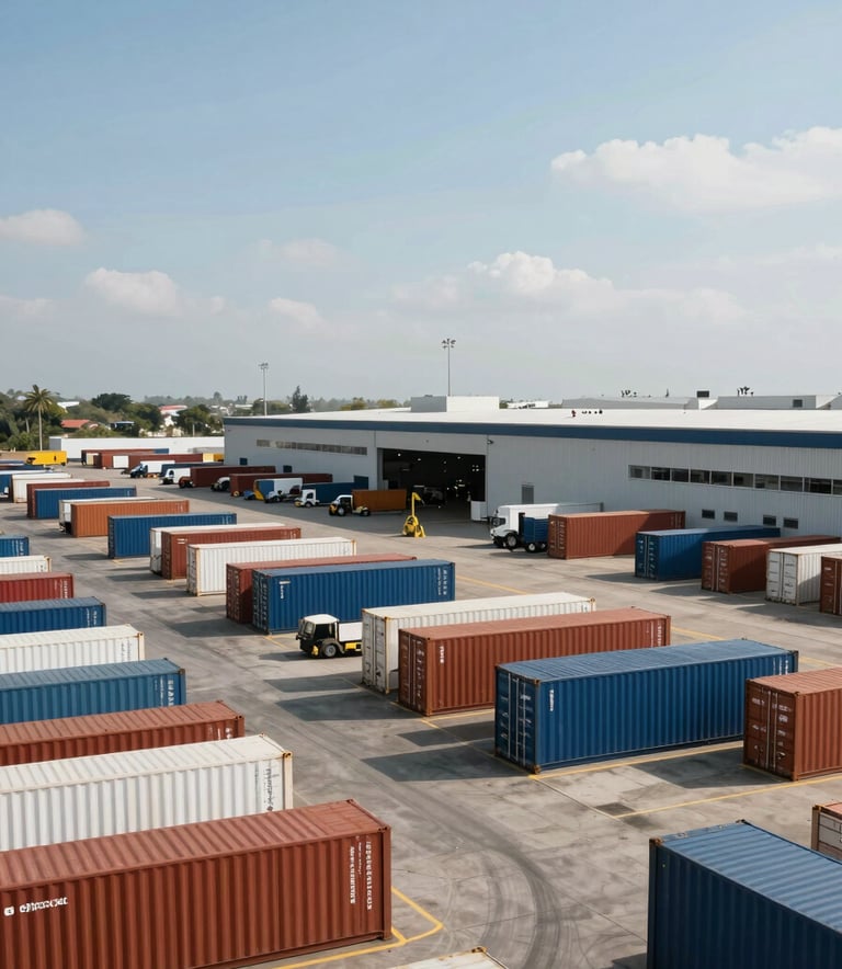 A wide-angle photography of a bustling South American logistics hub with cargo containers and a modern warehouse. The scene reflects a professional atmosphere with a clear sky, showing efficiency and global reach.