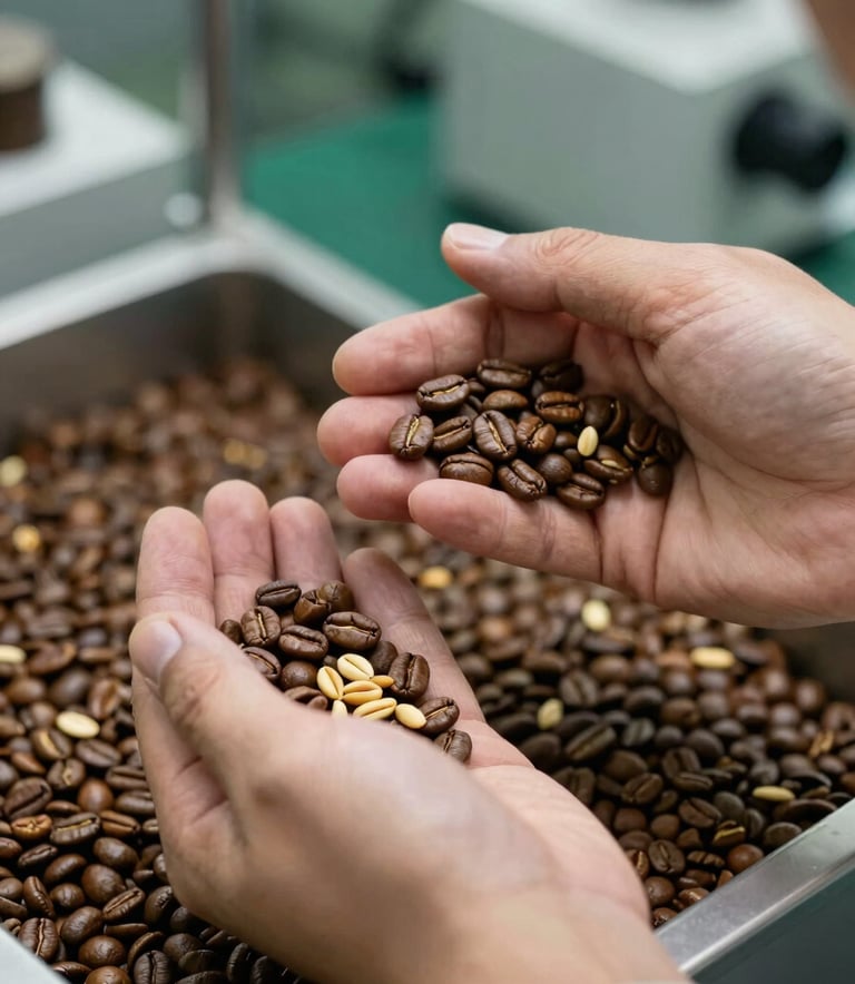A close-up shot of hands inspecting high-quality Colombian coffee beans and raw seeds in a modern industrial quality-control lab. The lighting is bright and professional, with hints of forest green and bronze in the background.