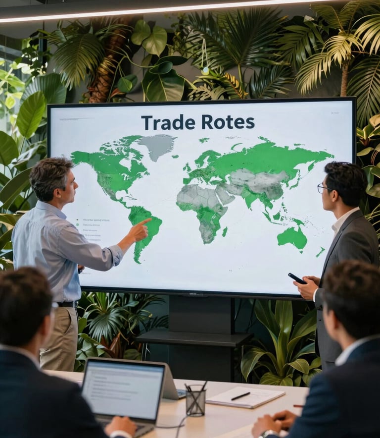 Professional team in a modern Colombian office discussing international trade routes on a digital screen, bright and forward-thinking environment with forest green design elements.