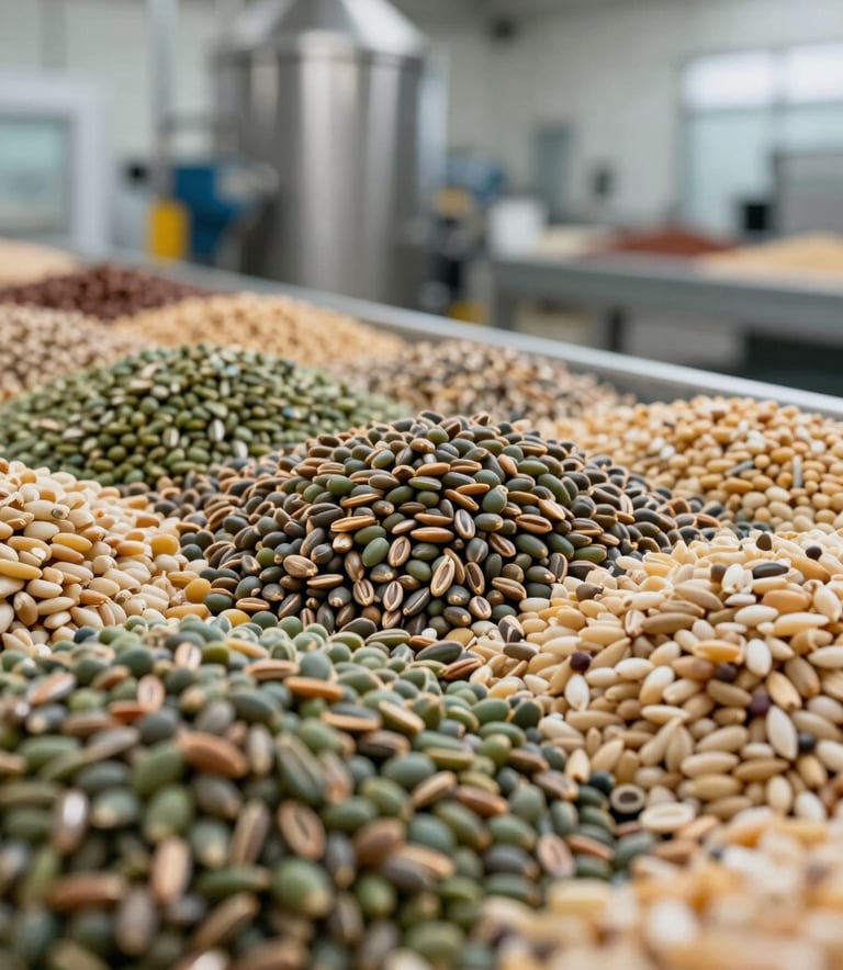 Close-up of high-quality raw agricultural seeds and processed grains in a modern South American industrial facility, clean and professional setting with soft lighting and forest green and bronze tones.