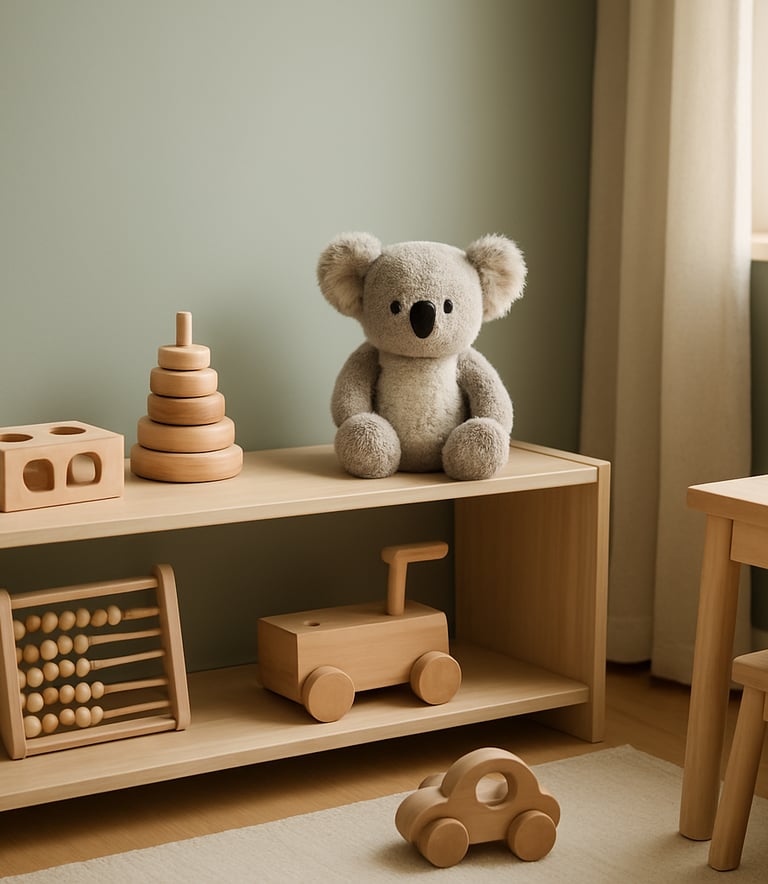 A clean, bright Australian home-based playroom with wooden educational toys and a small, tasteful koala plush toy on a low shelf. The room is decorated in muted green and cream tones with natural sunlight streaming through a window. No people are visible.