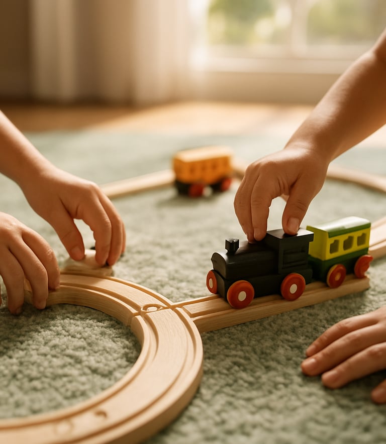 Professional photography of pre-school children's hands assembling a wooden train set on a soft sage rug in a sun-drenched Australian room. No faces or adults are visible.