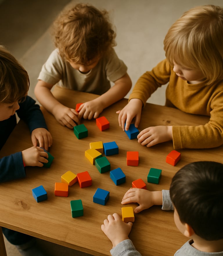 A group of preschool-aged children engaged in a group activity around a low wooden table in an Australian home-care setting. The shot is from a high angle or from behind, showing only their hands and the tops of their heads as they play with colorful blocks. No faces are visible.