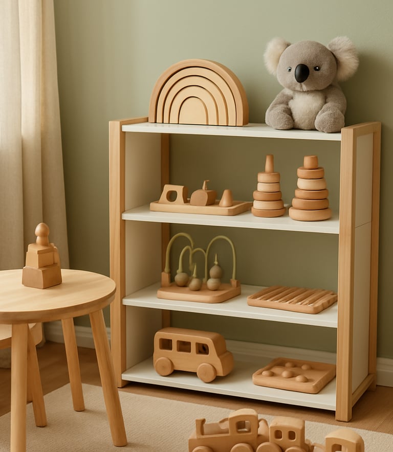 A bright Australian playroom with educational wooden toys and a small, tasteful koala plush on a shelf. The lighting is soft and natural, emphasizing a clean and professional early childhood setting with muted green and cream accents.