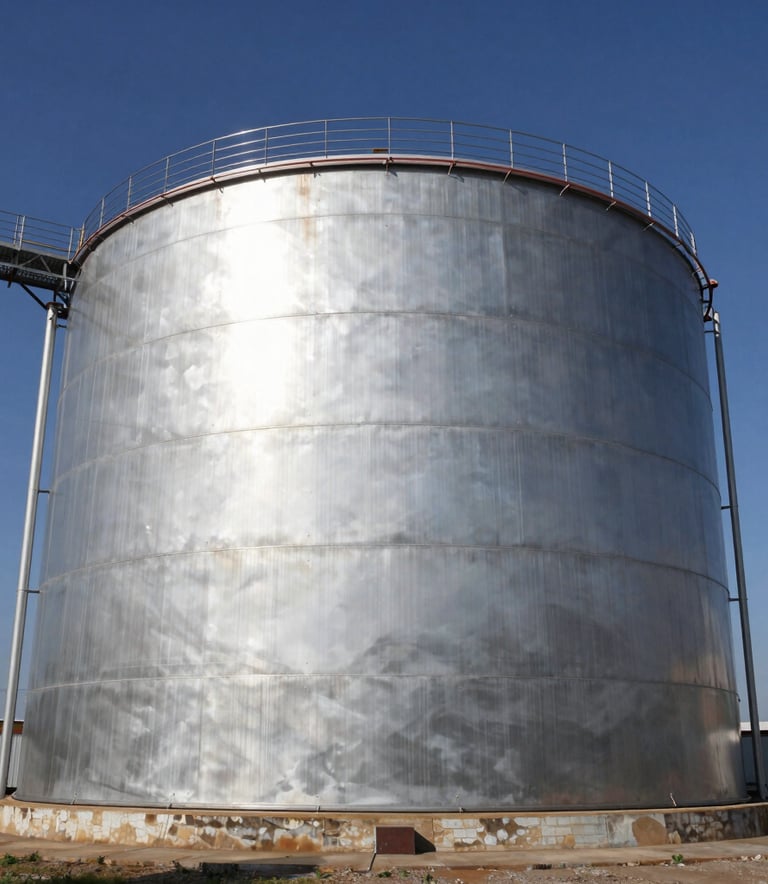 Wide-angle photography of a large industrial steel storage tank, professionally fabricated with a smooth silver finish, located at an outdoor industrial facility in Veracruz, Mexico, under clear blue sky lighting.