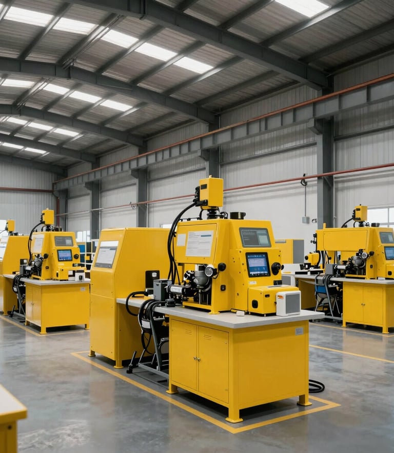 Interior view of a spacious and clean modern industrial factory in Mexico with bright yellow machinery, steel beams, and organized workspaces, corporate industrial style.