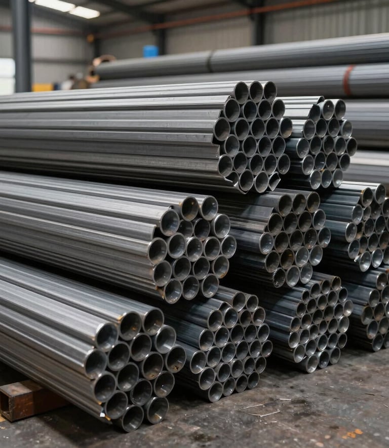 Professional photography of organized stacks of various industrial steel pipes and tubes in a well-lit Latin American warehouse, metallic gray tones, clean corporate industrial style.