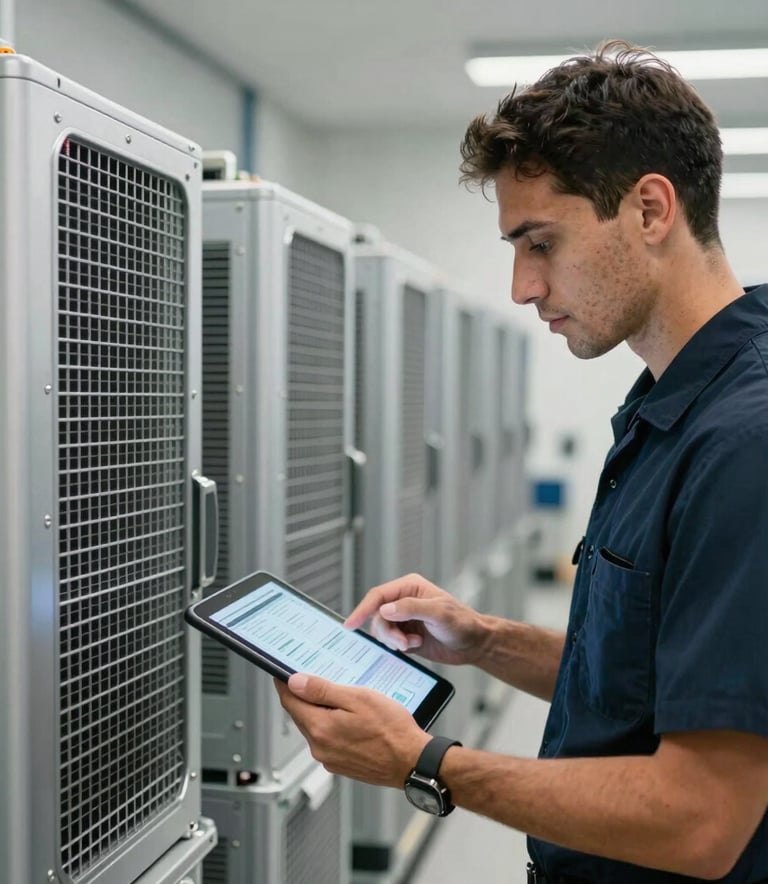 A professional technician in a clean, modern uniform holding a tablet with a data-rich interface, inspecting a row of silver cooling units in a Miami commercial building. High-end, sophisticated lighting.