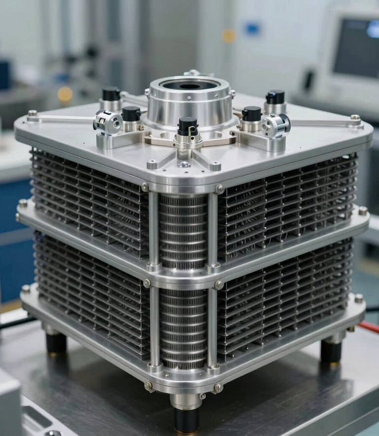 Professional photography of high-performance silver condenser coils and intricate cooling components in a clean, high-tech industrial setting in Miami.