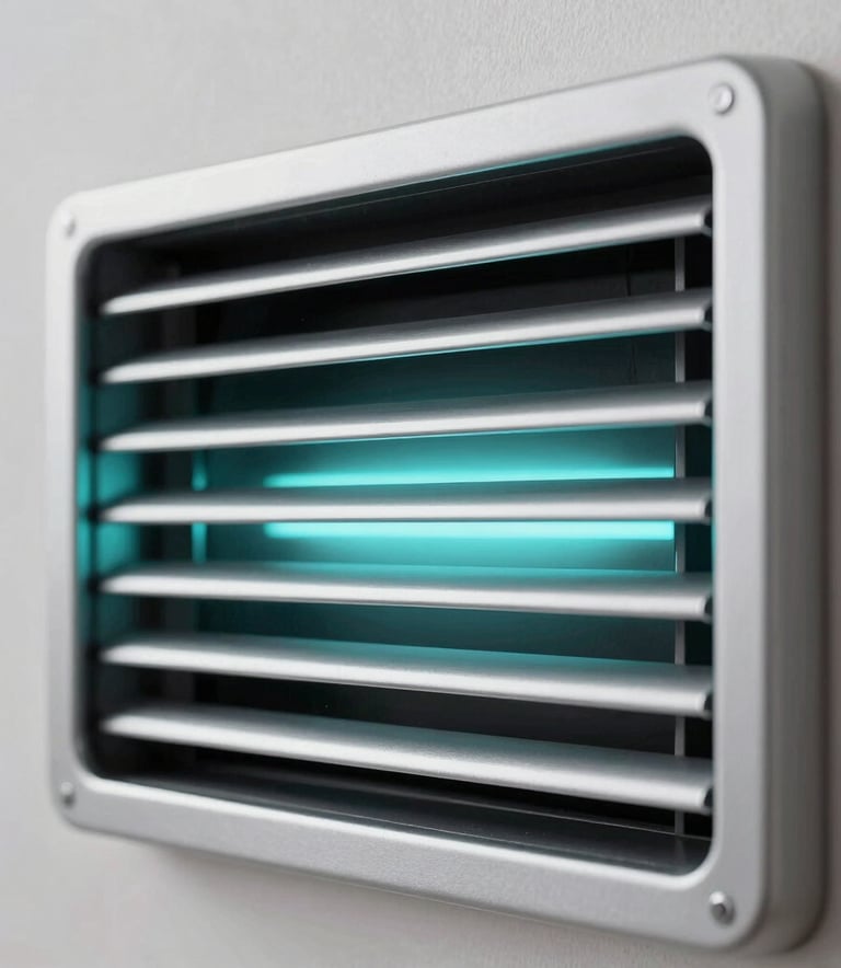 A close-up of a modern silver climate vent in a high-end Miami residence, with a soft light cyan glow emanating from the slats, emphasizing clean air flow and futuristic design.