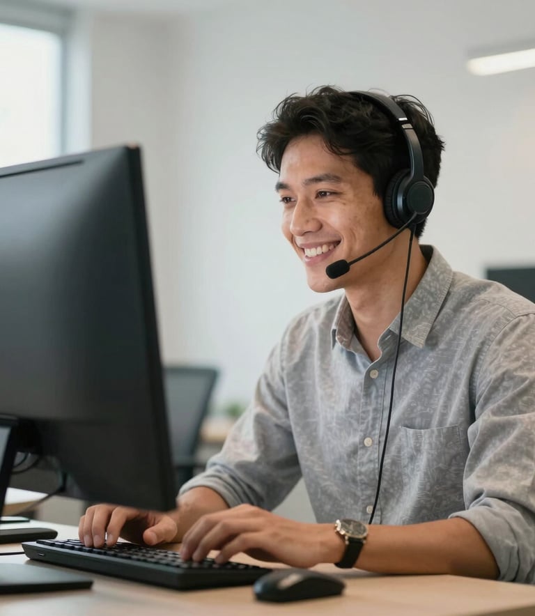 A South American professional wearing a headset smiling while looking at a computer screen in a bright, clean Brazilian office space, soft lighting, professional photography style.