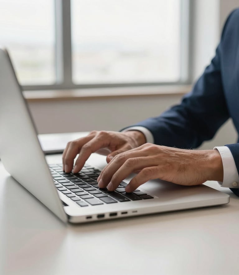A close-up of a person's hands typing on a modern laptop in a clean, professional office in Brazil, soft daylight through large windows, steel blue and off-white tones.