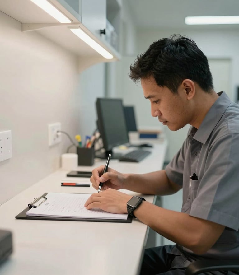 Fotografi profesional seorang teknisi Asia Tenggara berseragam abu-abu sedang melakukan instalasi perangkat pembaca sidik jari pada dinding modern di koridor kantor yang bersih dengan pencahayaan lembut.