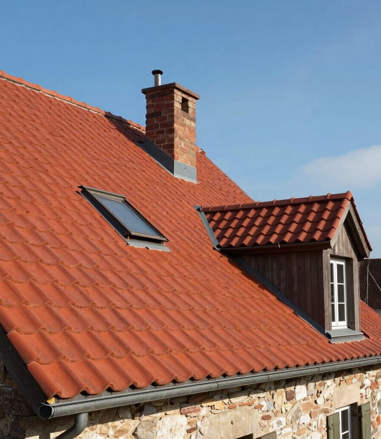 Une photographie architecturale d'une maison de style européen avec un toit en tuiles rouges impeccablement rénové, sous un ciel bleu clair, mettant en valeur la propreté du travail de couverture.