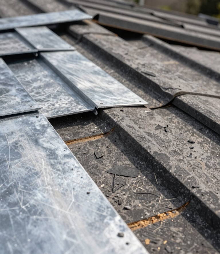 Gros plan détaillé de matériaux de toiture haut de gamme, incluant des plaques de zinc et des ardoises naturelles, mettant en évidence les textures et la qualité des matériaux utilisés par l'artisan.