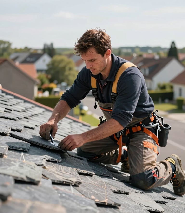 Professional roofer in Western European work attire working on a roof, focused on securing a slate tile, bright daylight, background showing a quiet residential neighborhood.