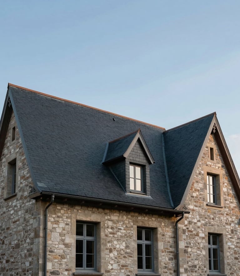 A wide-angle architectural photograph of a perfectly renovated traditional French house with a brand new dark slate roof, clear blue sky, soft natural light, showcasing professional craftsmanship and durability.