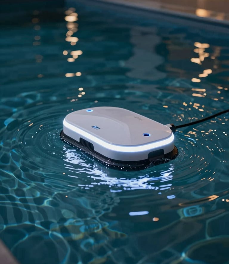Close-up of modern pool LED lighting and a sleek pool cleaning robot in a crystal clear pool at night, highlighting #E0E1DD light reflections against #0D1B2A dark water, professional and innovative aesthetic.