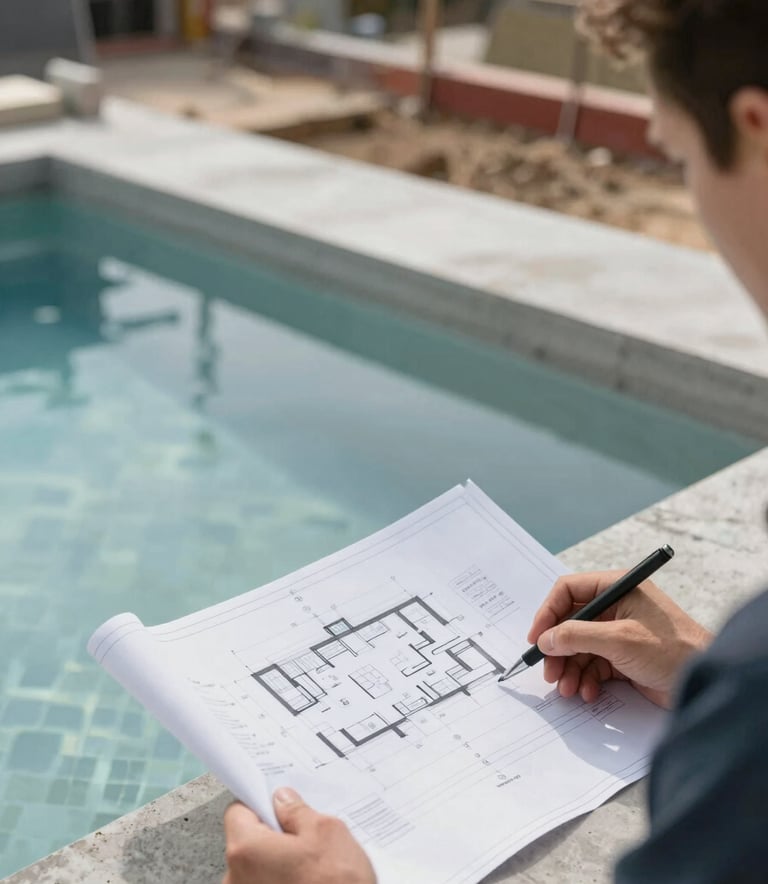 Close-up of a high-end pool construction site showing precise concrete work and architectural blueprints being reviewed. The atmosphere is professional and innovative. Neutral tones with #E0E1DD and #415A77 accents.