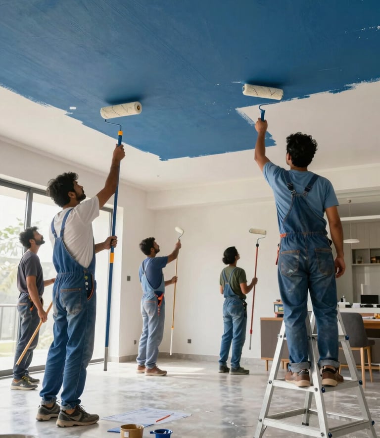A group of professional painters in a South Asian / Indian modern home interior, painting a high ceiling with deep blue and mist white colors. The room is spacious, well-lit, and the team is using professional rollers and ladders, conveying expertise.