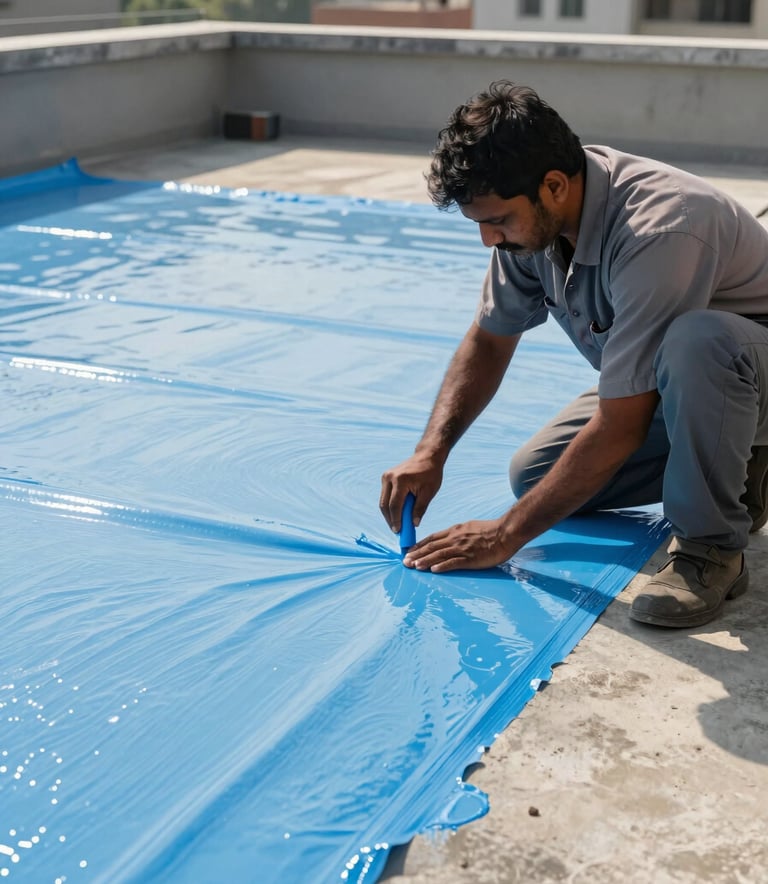 A skilled professional in a South Asian / Indian urban setting applying a sky blue liquid waterproofing membrane to a flat concrete terrace. The worker is wearing a modern uniform, and the scene is bright with natural sunlight, emphasizing a clean and precise application process.