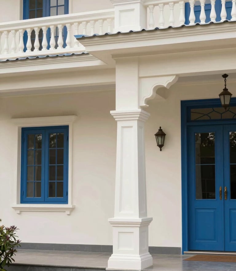 A beautifully finished South Asian / Indian home exterior, freshly painted in Soft Off-White with Classic Blue accents, showcasing premium finish and craftsmanship.