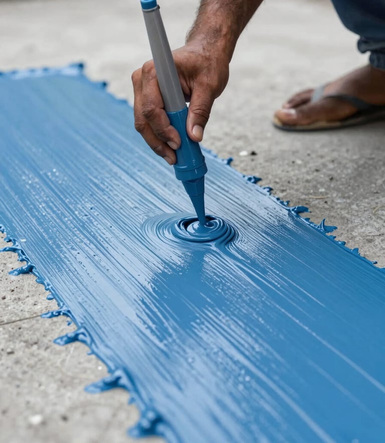 Close-up detail of a skilled professional in a South Asian / Indian setting applying a thick, protective waterproofing coating to a concrete terrace. The coating is a clean, Classic Blue shade. Sharp focus on texture.