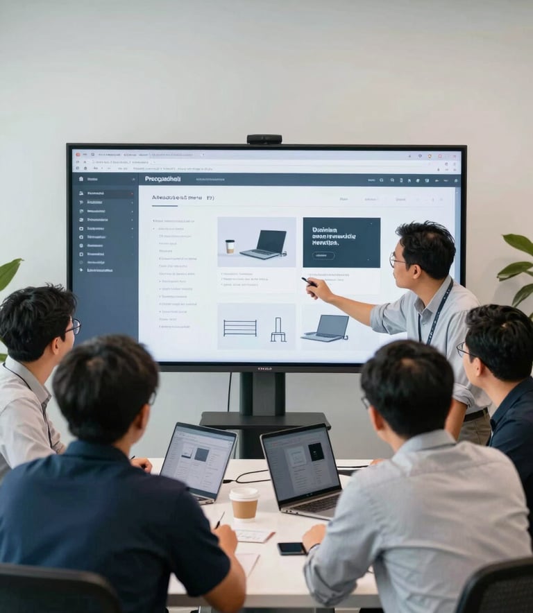 A professional team of digital creators collaborating in a bright, modern Southeast Asian / Indonesian open-plan office. They are gathered around a large screen showing website wireframes. The atmosphere is professional and innovative, with a color palette featuring Cloud White and Slate Blue Grey accents.