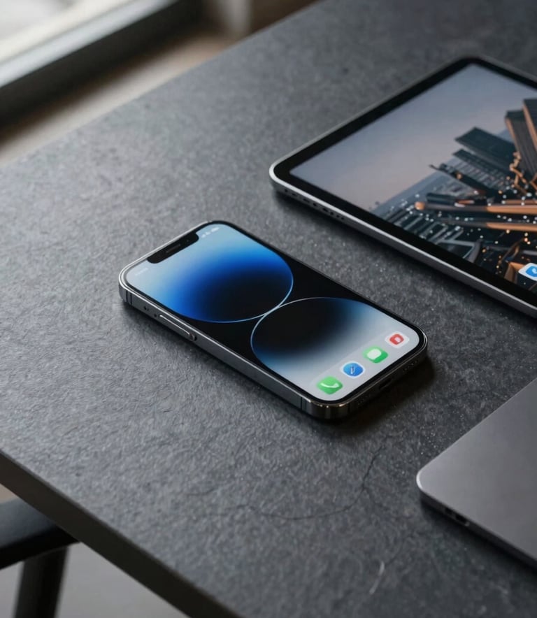 A top-down view of a sleek smartphone and a tablet on a dark slate grey desk, showcasing a modern UI design. The setting is a minimalist office in a Southeast Asian / Indonesian city, with natural light coming from a nearby window.