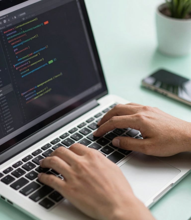 A close-up shot of a developer's hands typing on a laptop with lines of clean code on the screen. The workspace is bright and features soft mint green elements, reflecting a professional Southeast Asian / Indonesian tech environment.