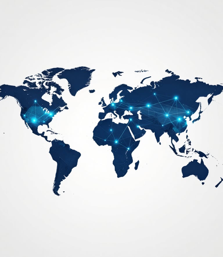 A professional world map with digital glowing data points and lines representing a global supply chain network. The aesthetic is corporate and high-tech, using #0F2C4E and #8DCBEF for the glowing connections against a subtle off-white background.