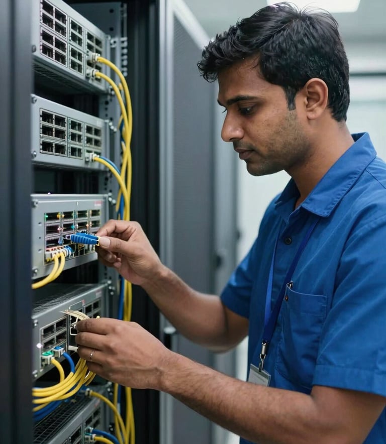 A professional South Asian / Indian IT technician in a blue uniform inspecting network cabling in a modern data center, focused expression, sharp focus on hardware, soft professional lighting.