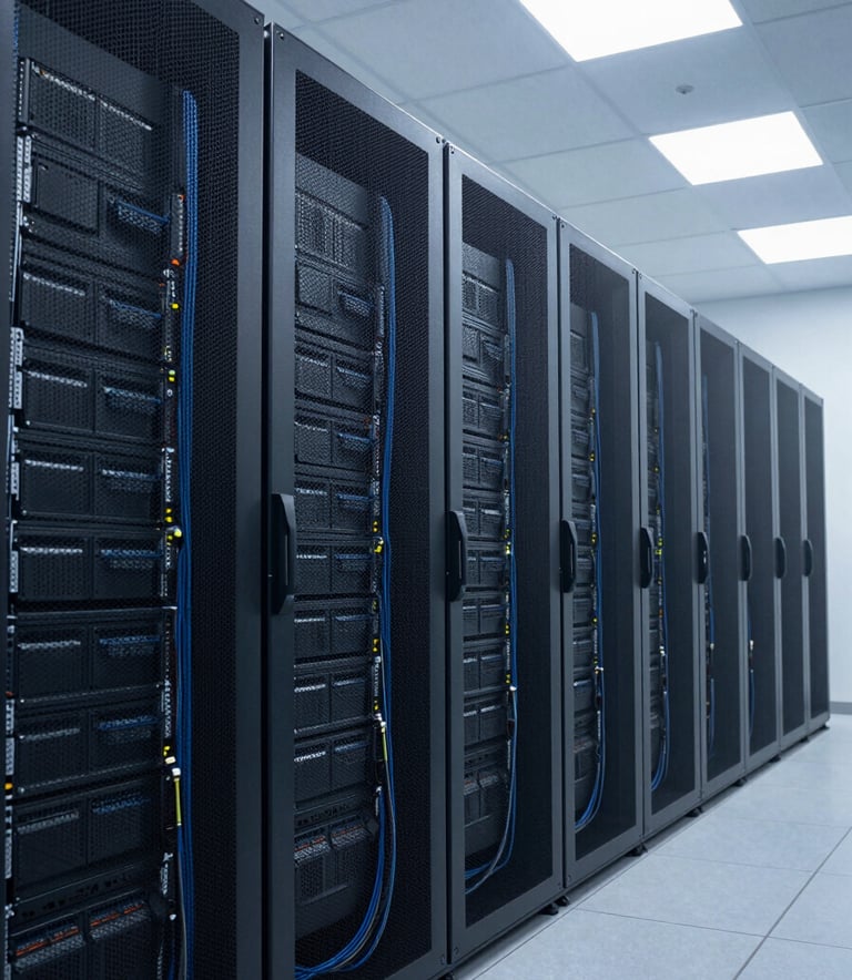 A wide-angle professional photograph of a state-of-the-art IT server room in a South Asian corporate hub. The room features clean lines, organized slate blue cabling, and cool white lighting, representing cutting-edge infrastructure and security.