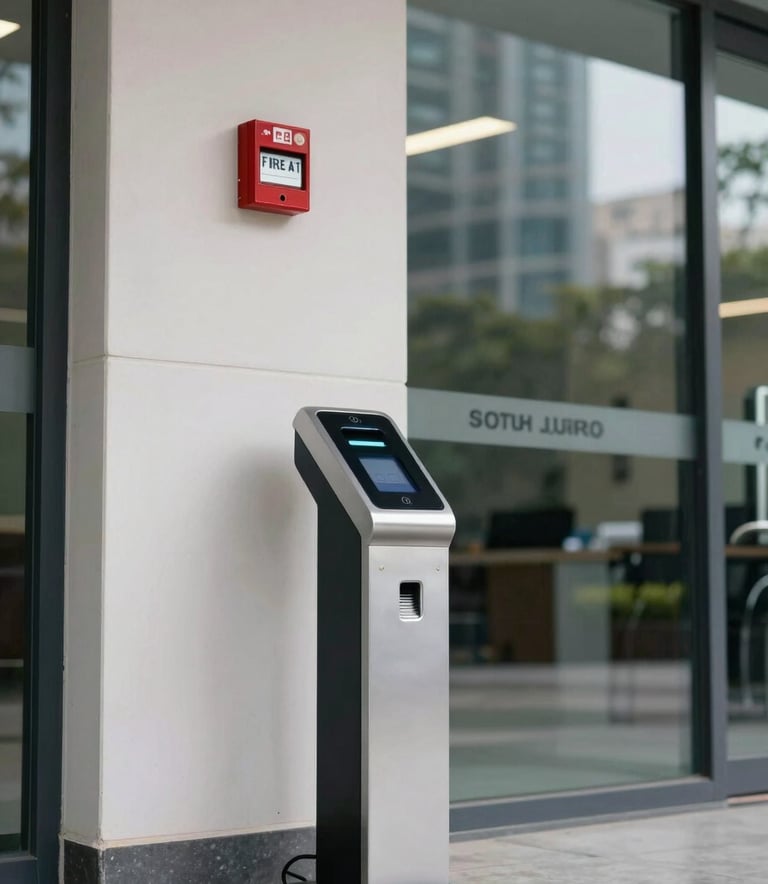 A modern office entrance in a Bengaluru corporate park, featuring a sleek biometric fingerprint scanner and a wall-mounted fire alarm panel, South Asian / Indian corporate environment, daylighting.