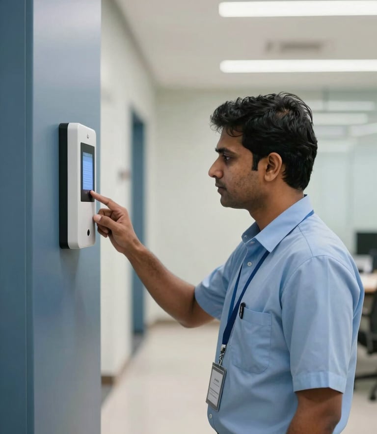 A professional South Asian technician in a smart uniform inspecting a modern biometric access control system in a clean, high-tech Bengaluru office lobby. The lighting is soft and natural, emphasizing a sophisticated and secure atmosphere with slate blue and off-white interior tones.