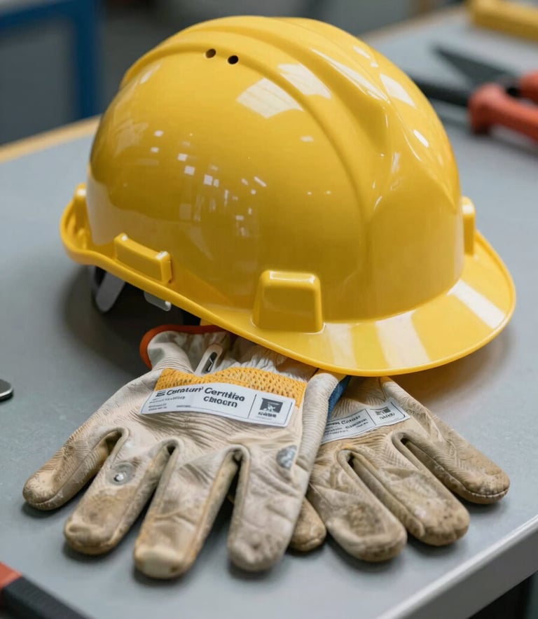 A high-detail photograph of an electrician's certified insulated gloves and safety helmet resting on a technical table. The focus is on the safety certifications and the texture of the equipment. Warm lighting contrasts with the #0D2B44 background.