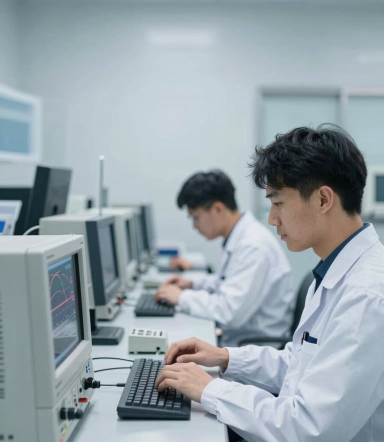 Interior of a modern electrical calibration laboratory. Technicians in professional uniforms are working with high-precision equipment like multimeters and oscilloscopes. The environment is sterile and organized, using a color palette of #F7F8F9 and #0D2B44. High-tech lighting creates a trustworthy and authoritative mood.