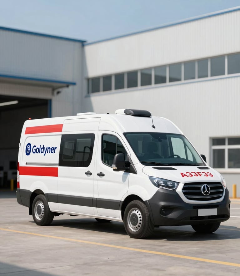 A professional wide shot of the Goldynner mobile laboratory unit, a modern white van with professional red and blue branding, parked in front of a clean industrial facility. The lighting is bright and crisp, highlighting a technologically advanced and reliable service atmosphere. Brand colors #0D2B44 and #A33F39 are visible on the vehicle graphics.