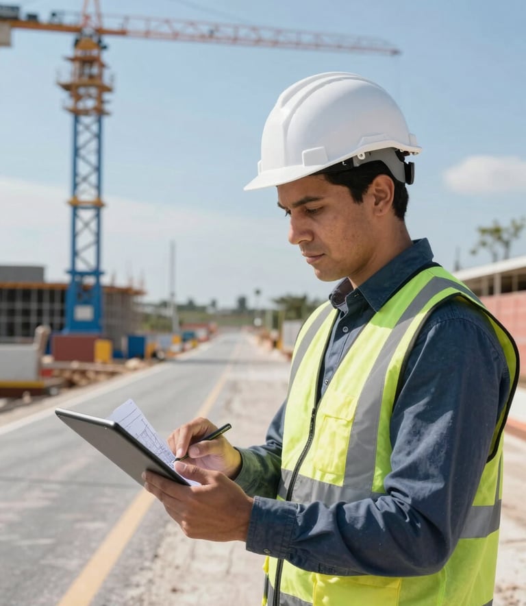 A professional engineer in a white hard hat reviewing digital blueprints on a tablet at a modern road construction site. Modern Latin American / Spanish environment. Bright daylight with a clear light blue sky and steel blue equipment in the background.