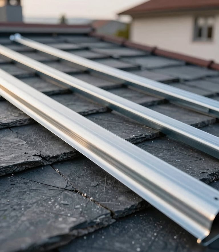Close-up of high-quality roofing materials including slate and modern zinc flashings. The image conveys professional craftsmanship and precision. Soft morning light, Western European architectural context, clean aesthetic.