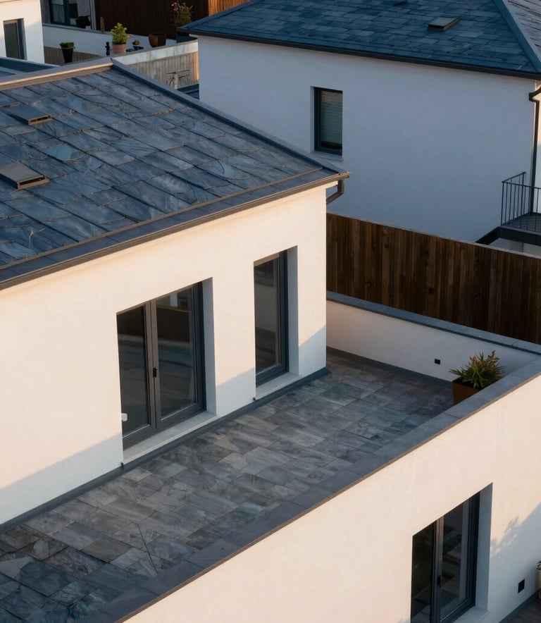 A sharp, high-angle photograph of a modern residential roof-terrace in a Western European / French suburb, featuring clean lines, slate blue and off-white textures, under soft morning light.