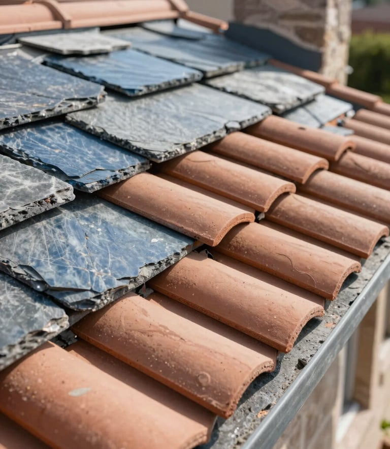 Close-up photography of high-quality terracotta roof tiles being professionally installed on a Western European / French house, natural sunlight highlighting the textures of slate blue and grey materials.